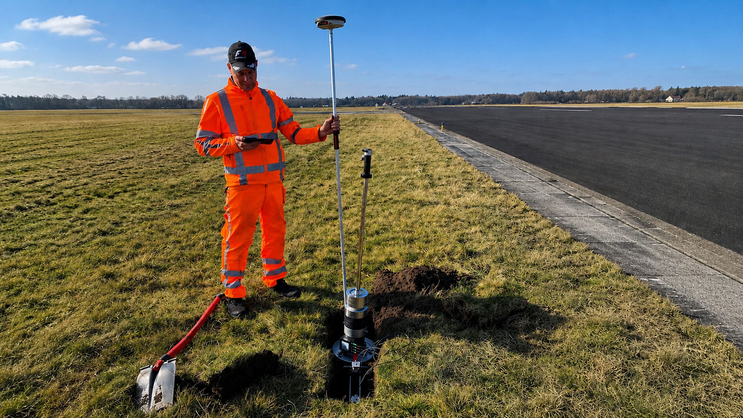 QRoad Light Weight Deflectometer (LWD) pavement testing beside a runway